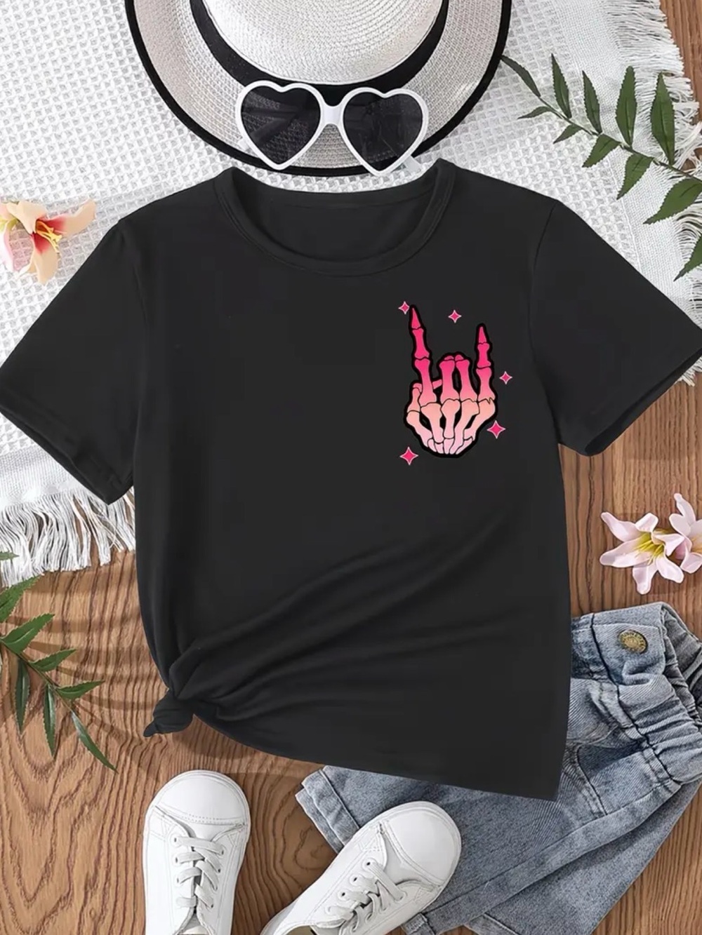 Black Kids Graphic Tee with Pink Skeleton Hand